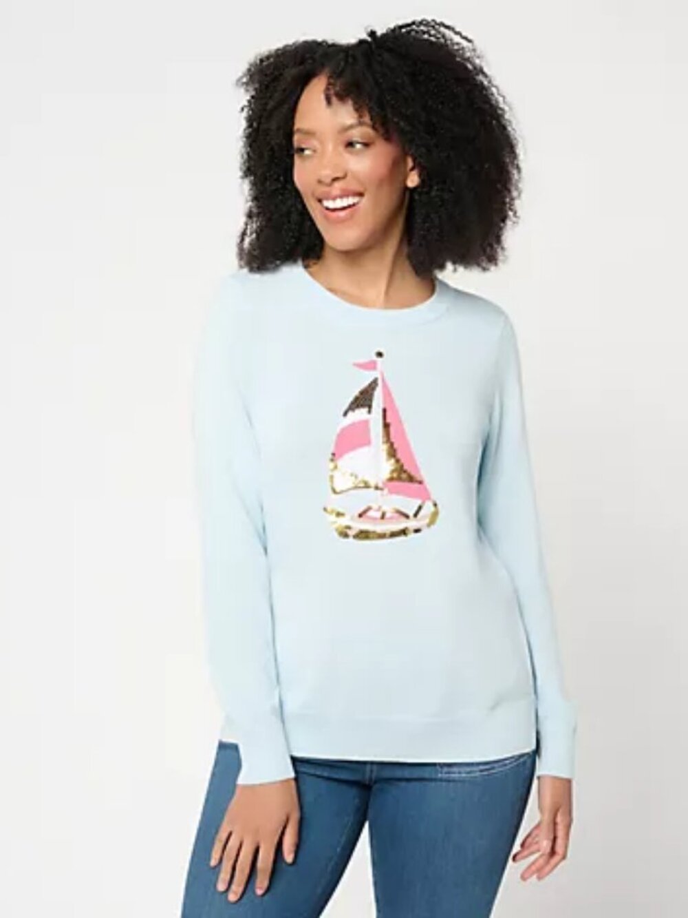 Belle Beach by Kim Gravel Boardwalk Prep Sequin Trim Sweater, Blue Sz M a726369